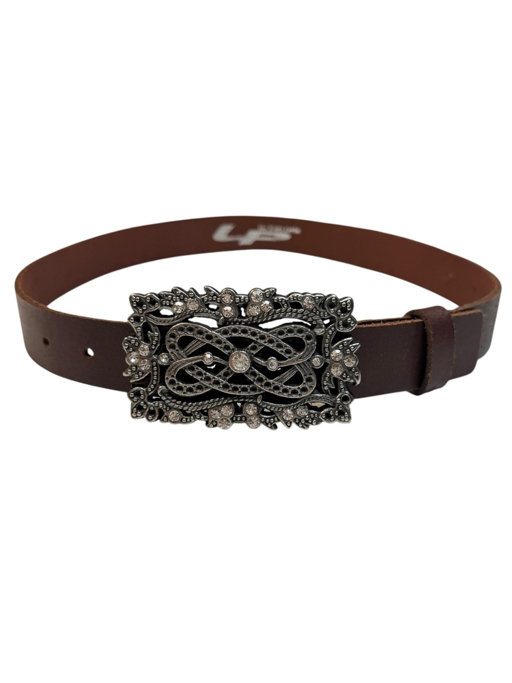 LP Linea Pelle Western Belt Rhinestone Silver Plate Buckle Brown Leather Women S